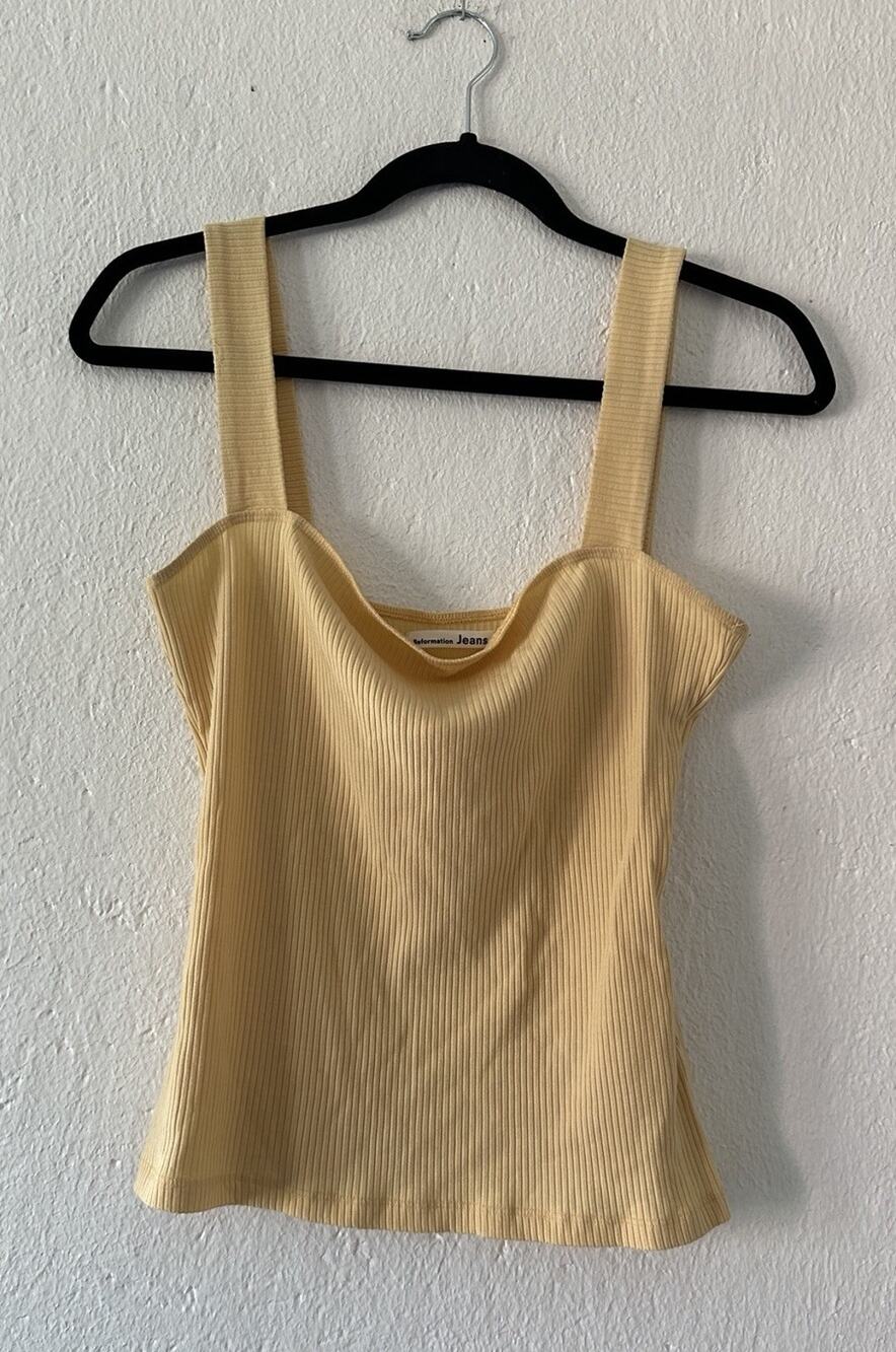 Reformation Ribbed Tank Top Yellow Square Neck Stretch Fitted Minimalist Sz Lg